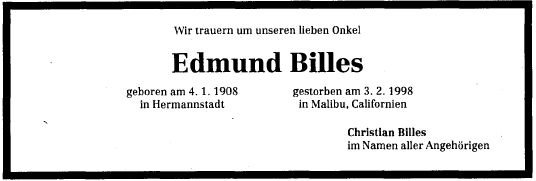 Billes Edmund 1908-1998 Todesanzeige
